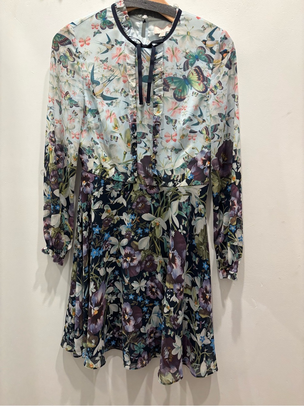 Ted Baker Light Blue Floral & Butterfly Tie-Neck Dress